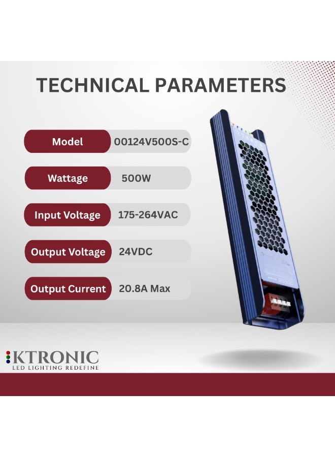 KTRONIC 500W – 24V LED Power Supply – Ultra Slim LED Driver, 175-264V AC to 24V DC 20.8A Converter with 4-Stage Voltage Adjustment, (NO FAN) Silent Performance Transformer for LED Strips, 3D Printers. - Image 2